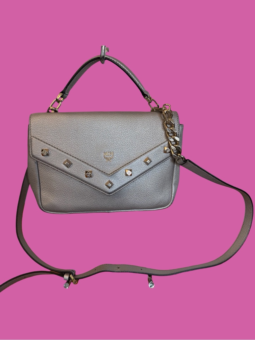 Authentic MCM Gray Pebbled Leather Stud-Accent Top Handle Satchel